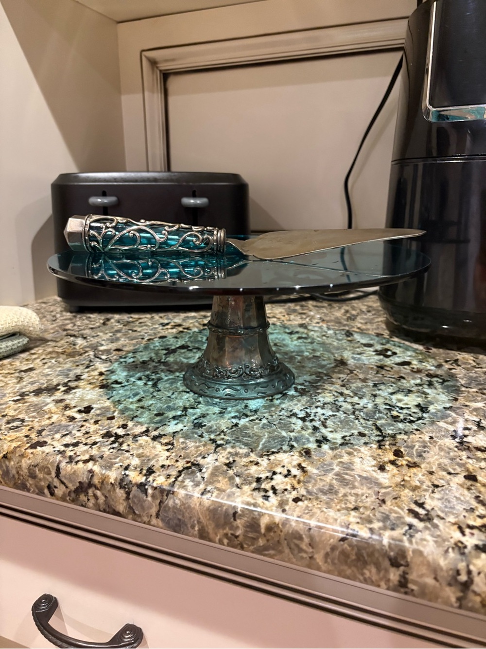 Source Unknown Teal Glass Cake Stand with Silver Pedestal